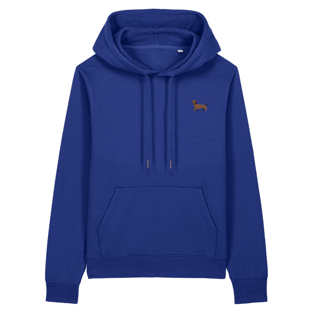 Heytoki Damen-Hoodie aus Bio-Baumwolle in Worker Blue (Königsblau) mit gesticktem Dackel-Motiv
