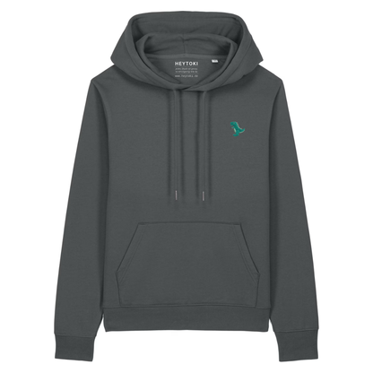 Heytoki Damen-Hoodie aus Bio- und recycelter Baumwolle in Anthrazit mit gesticktem Dinomotiv