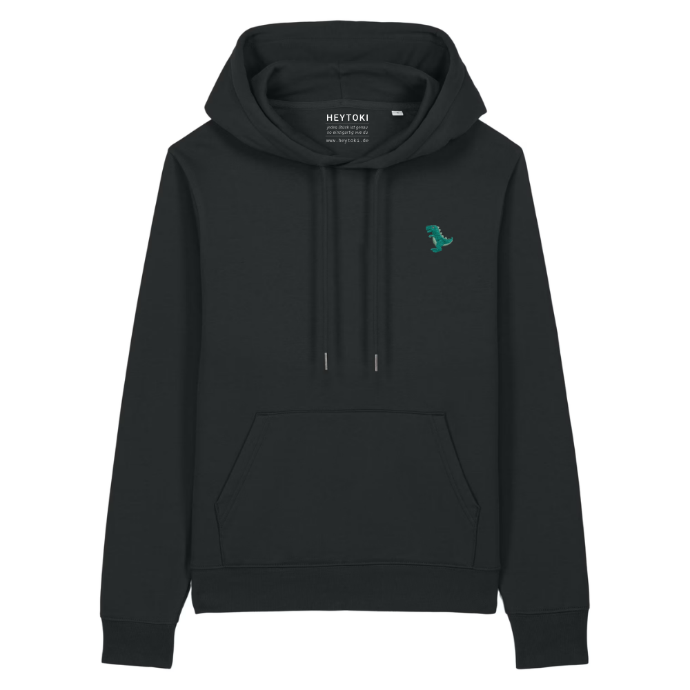 Heytoki Damen-Hoodie aus Bio- und recycelter Baumwolle in Schwarz mit gesticktem Dinomotiv