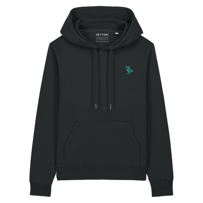 Heytoki Damen-Hoodie aus Bio- und recycelter Baumwolle in Schwarz mit gesticktem Dinomotiv