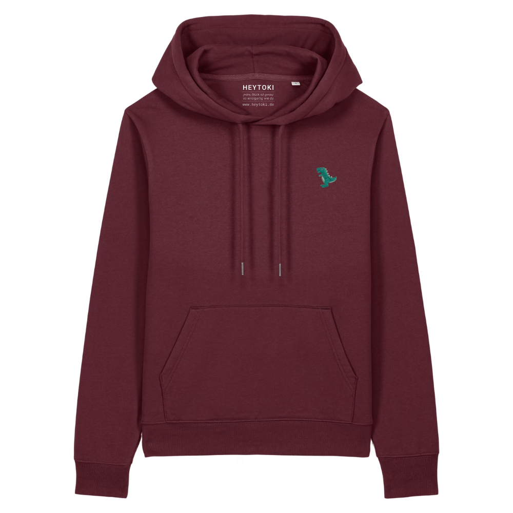 Heytoki Damen-Hoodie aus Bio- und recycelter Baumwolle in Burgundy mit gesticktem Dinomotiv