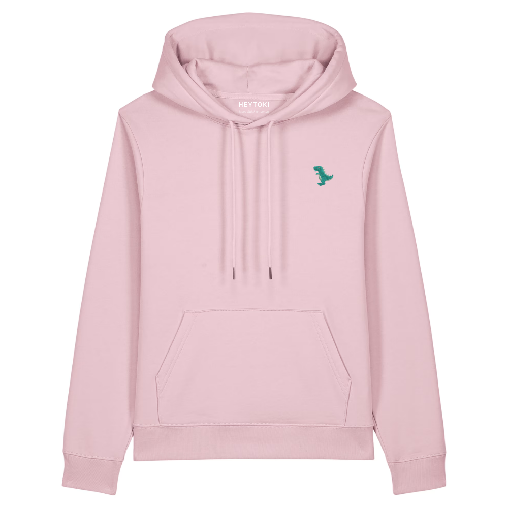 Heytoki Damen-Hoodie aus Bio- und recycelter Baumwolle in Cotton Pink mit gesticktem Dinomotiv