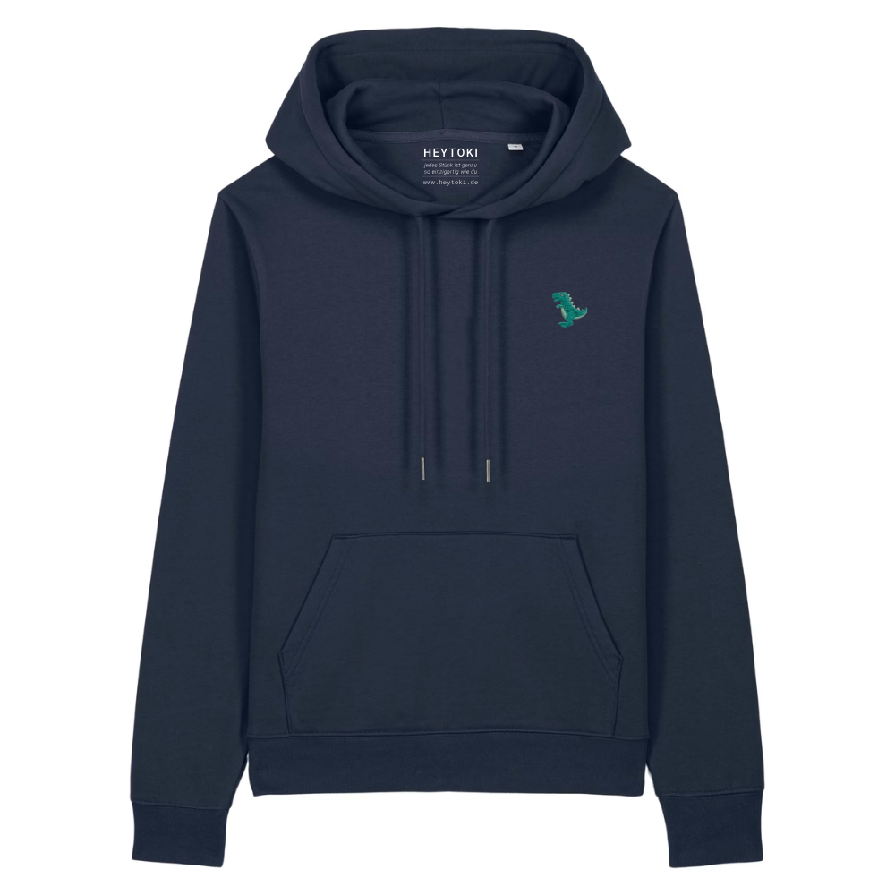 Heytoki Damen-Hoodie aus Bio- und recycelter Baumwolle in French Navy mit gesticktem Dinomotiv