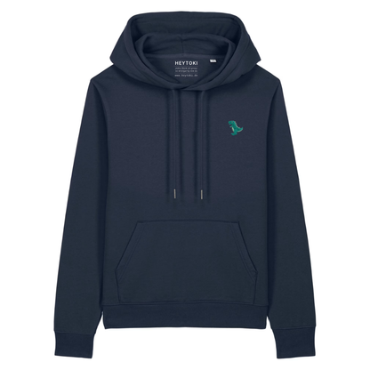 Heytoki Damen-Hoodie aus Bio- und recycelter Baumwolle in French Navy mit gesticktem Dinomotiv