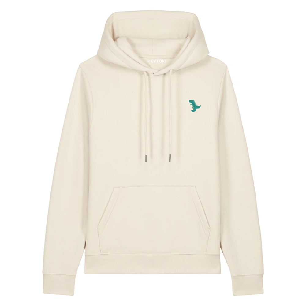 Heytoki Damen-Hoodie aus Bio- und recycelter Baumwolle in Natural Raw mit gesticktem Dinomotiv