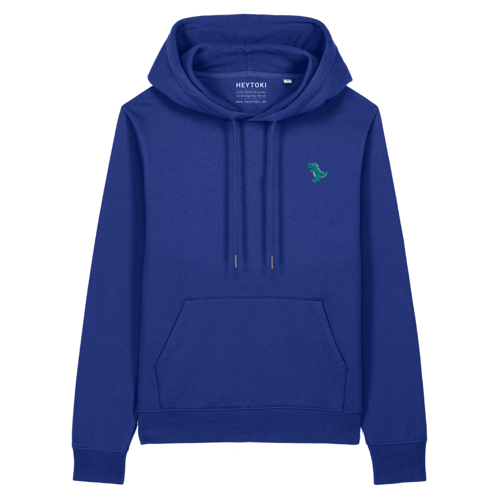 Heytoki Damen-Hoodie aus Bio- und recycelter Baumwolle in Ocean Blue mit gesticktem Dinomotiv
