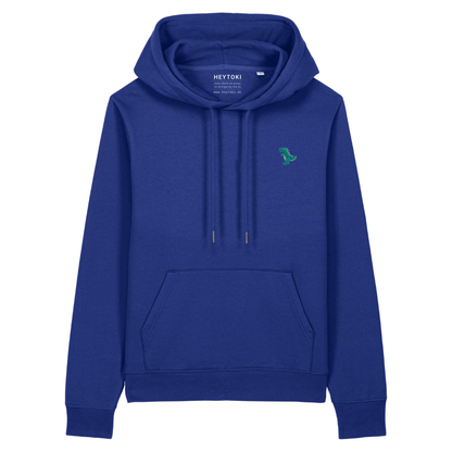 Heytoki Damen-Hoodie aus Bio- und recycelter Baumwolle in Ocean Blue mit gesticktem Dinomotiv
