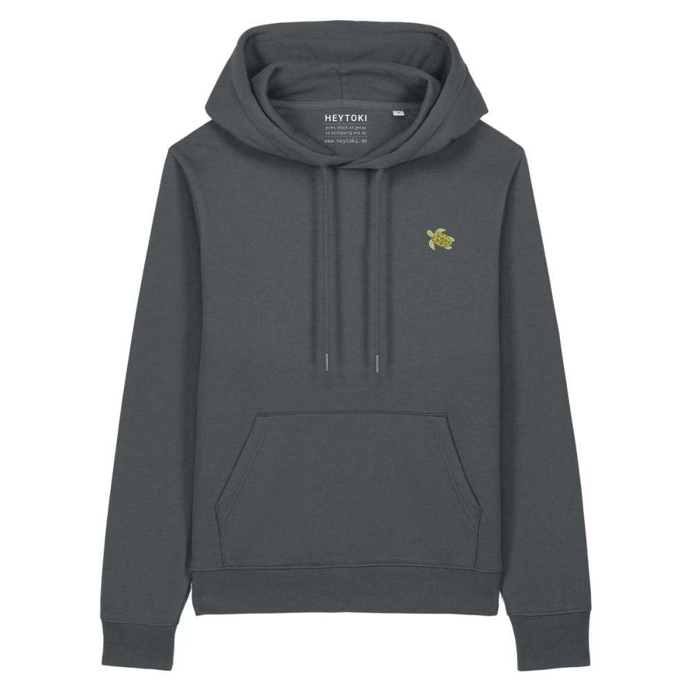 Heytoki Damen-Hoodie aus Bio- und recycelter Baumwolle in Anthrazit mit gesticktem Schildkrötenmotiv