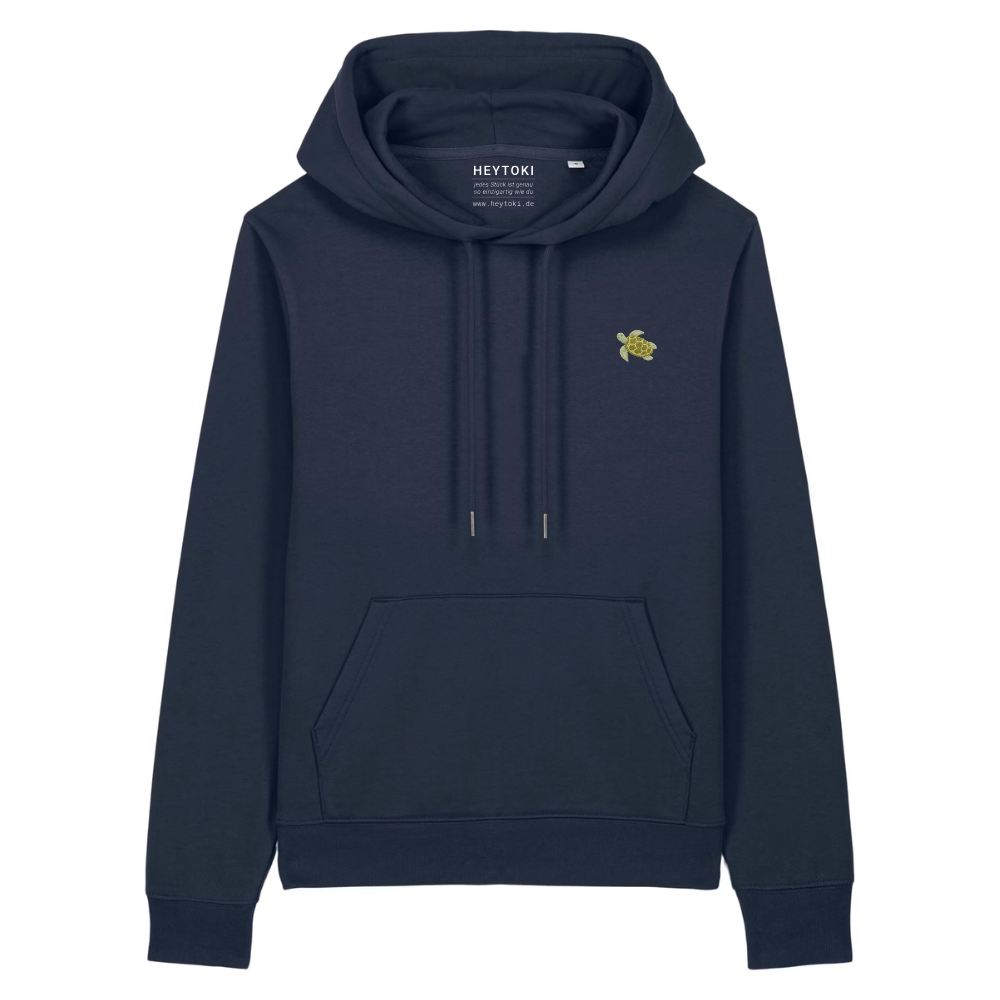 Heytoki Damen-Hoodie aus Bio- und recycelter Baumwolle in French Navy mit gesticktem Schildkrötenmotiv