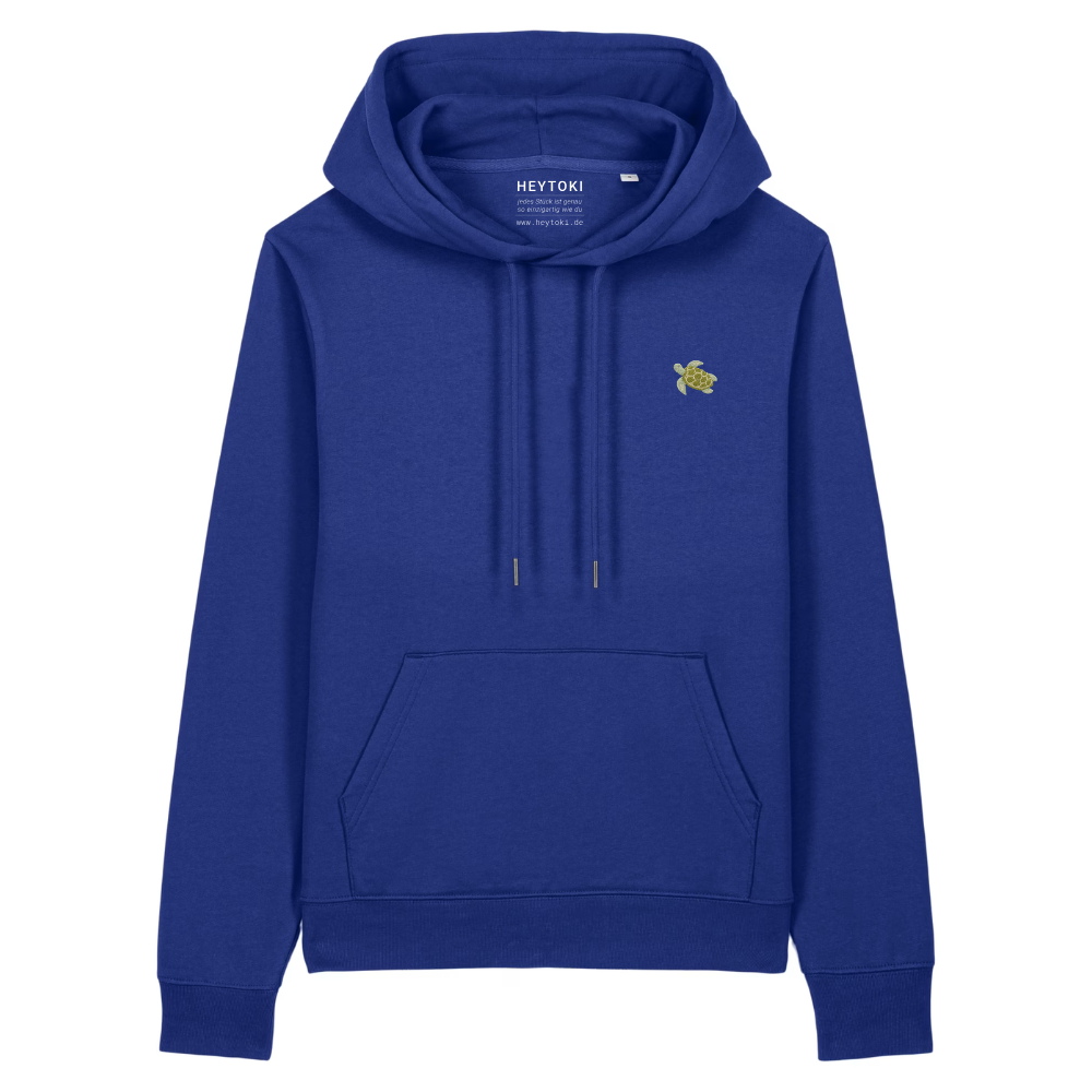 Heytoki Damen-Hoodie aus Bio- und recycelter Baumwolle in Ocean Blue mit gesticktem Schildkrötenmotiv