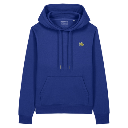 Heytoki Damen-Hoodie aus Bio- und recycelter Baumwolle in Ocean Blue mit gesticktem Schildkrötenmotiv