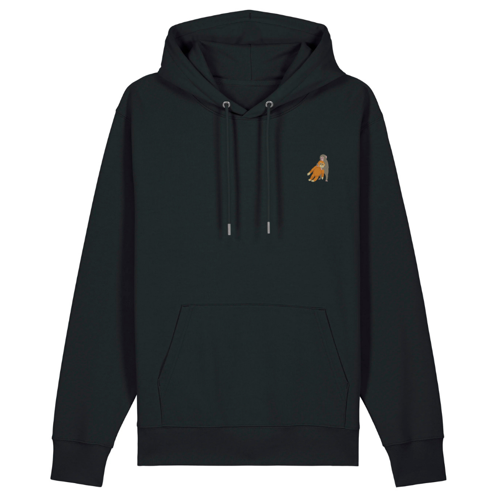 Heytoki Unisex-/Herren-Hoodie aus Bio- und recycelter Baumwolle in Schwarz mit gesticktem Affenmotiv