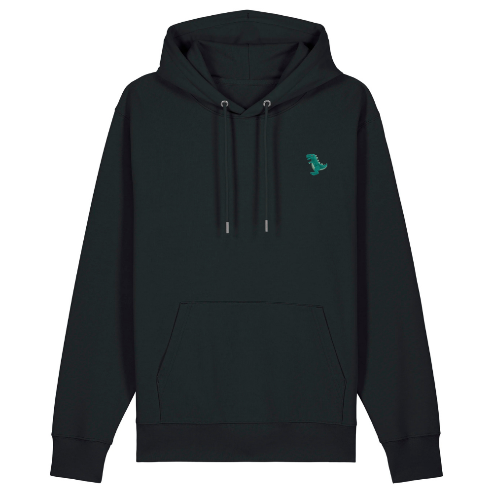 Heytoki Unisex-/Herren-Hoodie aus Bio- und recycelter Baumwolle in Schwarz mit gesticktem Dinomotiv