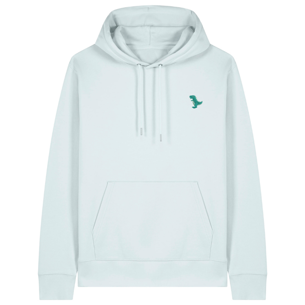 Heytoki Unisex-/Herren-Hoodie aus Bio- und recycelter Baumwolle in Blue Ice mit gesticktem Dinomotiv