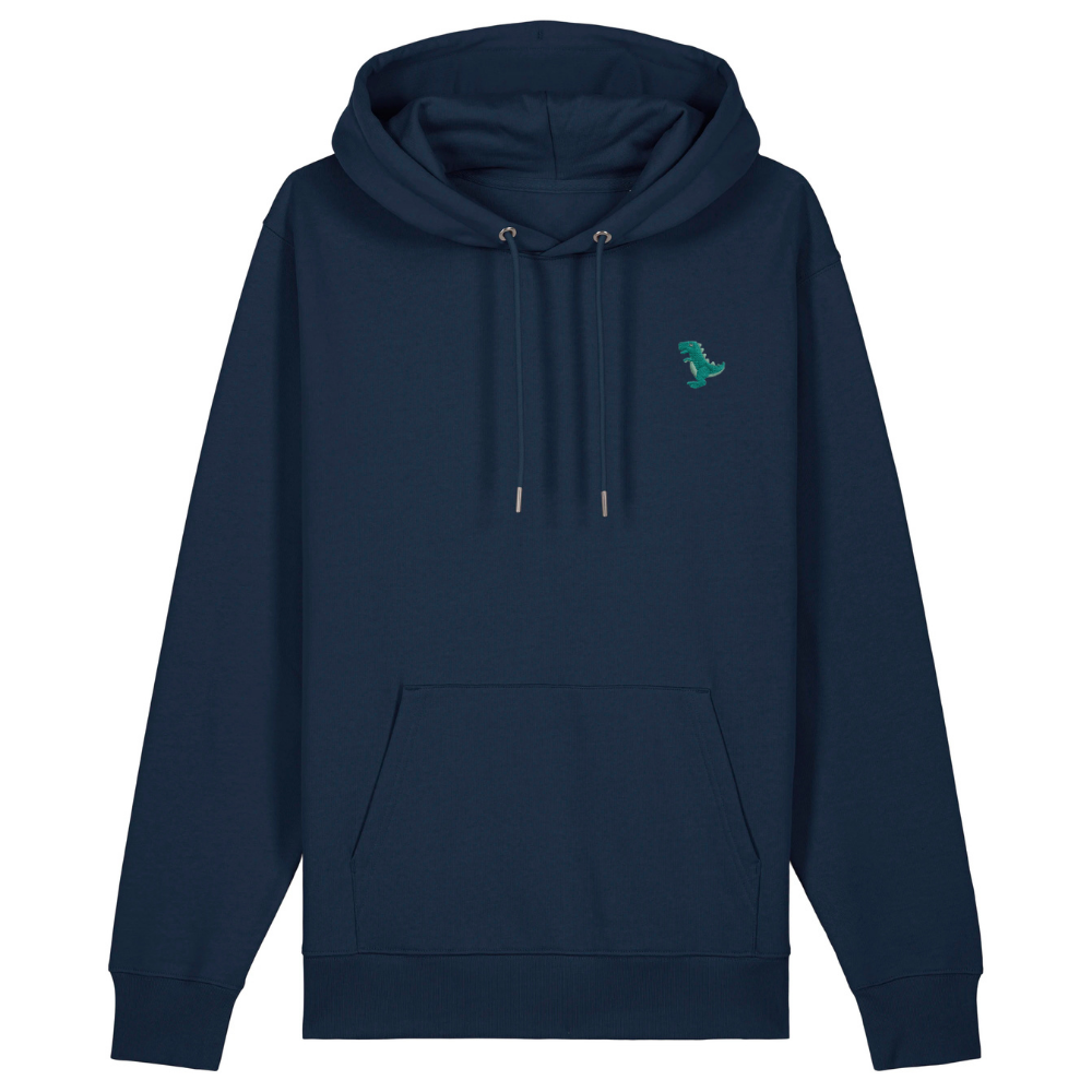 Heytoki Unisex-/Herren-Hoodie aus Bio- und recycelter Baumwolle in French Navy mit gesticktem Dinomotiv