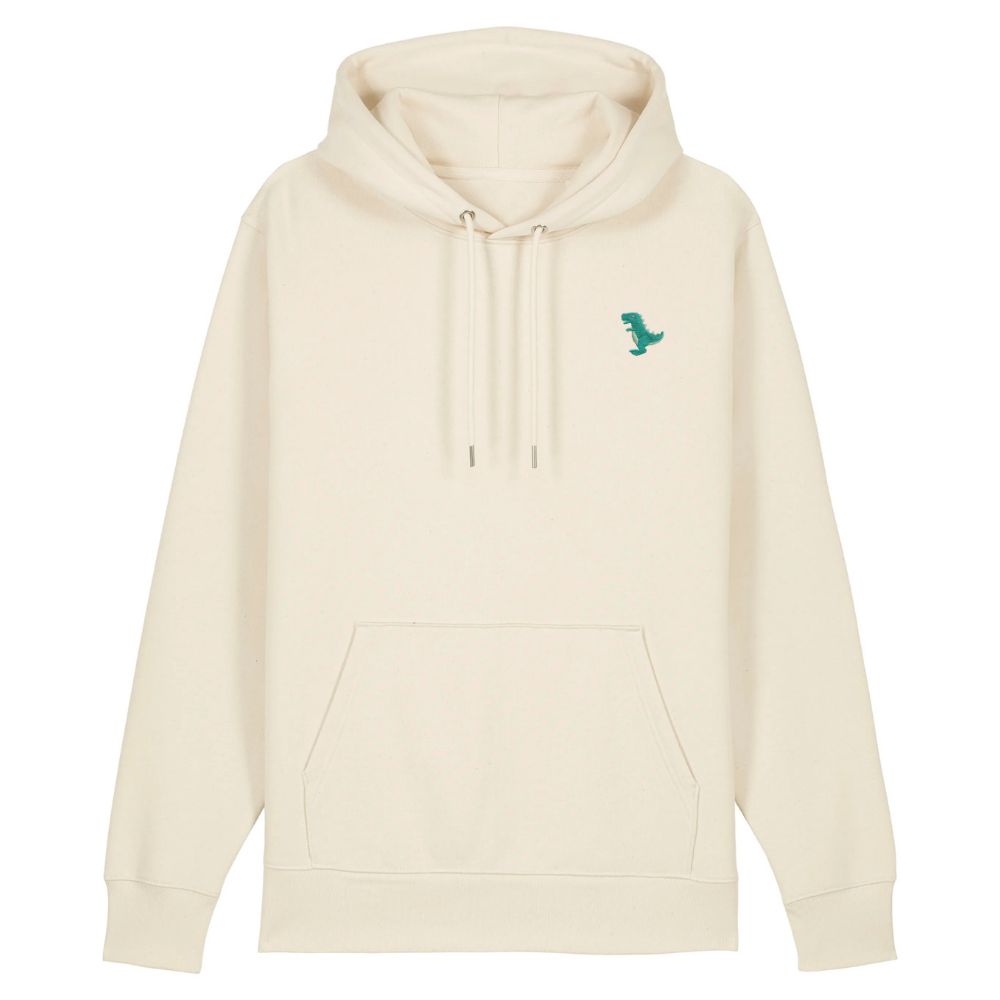 Heytoki Unisex-/Herren-Hoodie aus Bio- und recycelter Baumwolle in Natural Raw mit gesticktem Dinomotiv