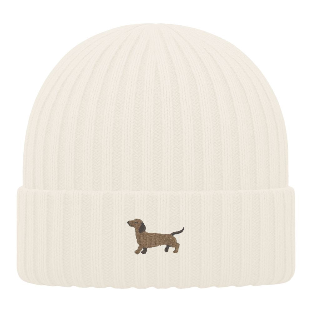 Kinder Mütze Bio-Baumwolle mit Dackel Stick Almond