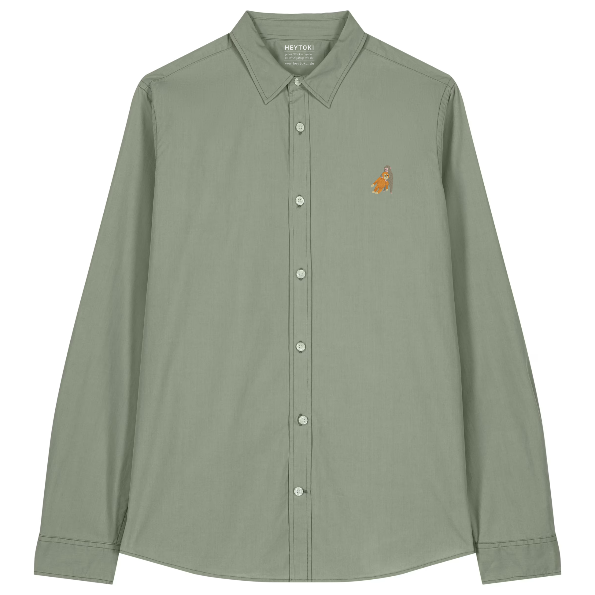 Heytoki leichtes Damen-Baumwollhemd aus Bio-Baumwolle in Soft Khaki mit gesticktem Affenmotiv