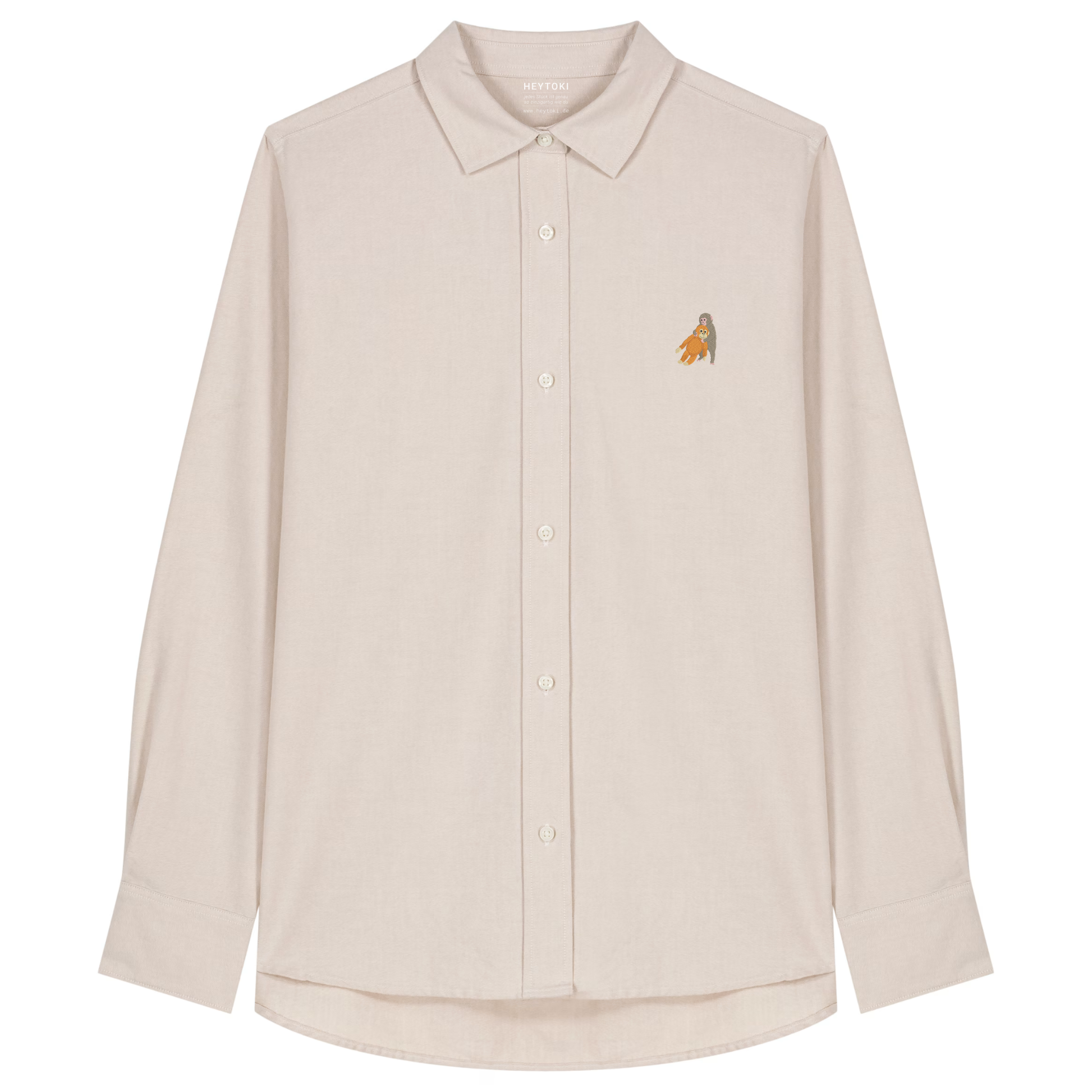 Heytoki Damen-Oxfordhemd in Beige Oxford mit gesticktem Affenmotiv