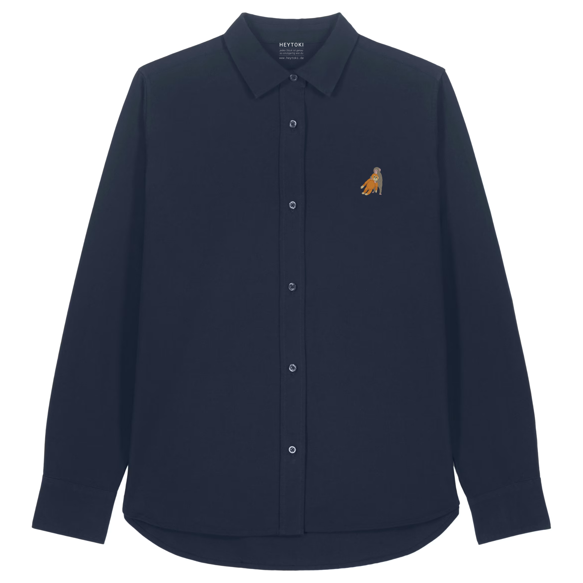 Heytoki Damen-Oxfordhemd in French Navy mit gesticktem Affenmotiv