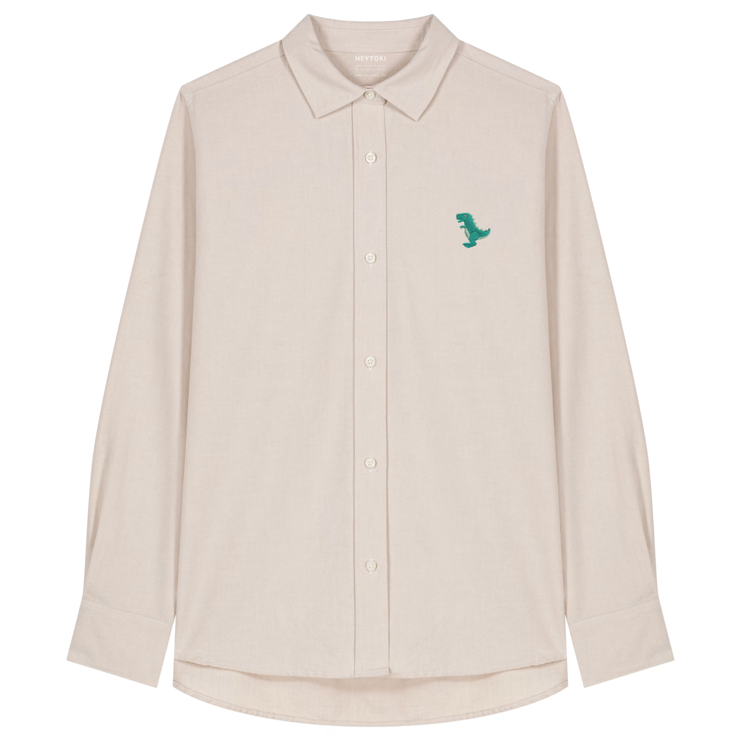 Heytoki Damen-Oxfordhemd in Beige Oxford mit gesticktem Dinomotiv