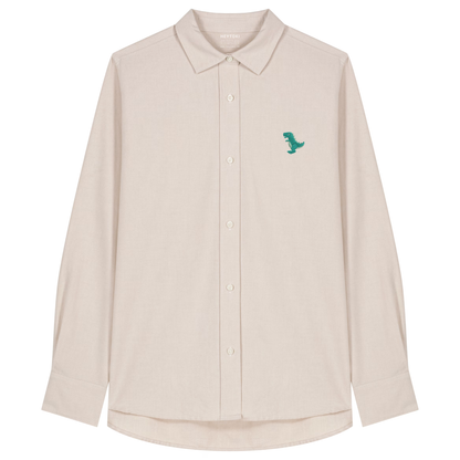 Heytoki Damen-Oxfordhemd in Beige Oxford mit gesticktem Dinomotiv