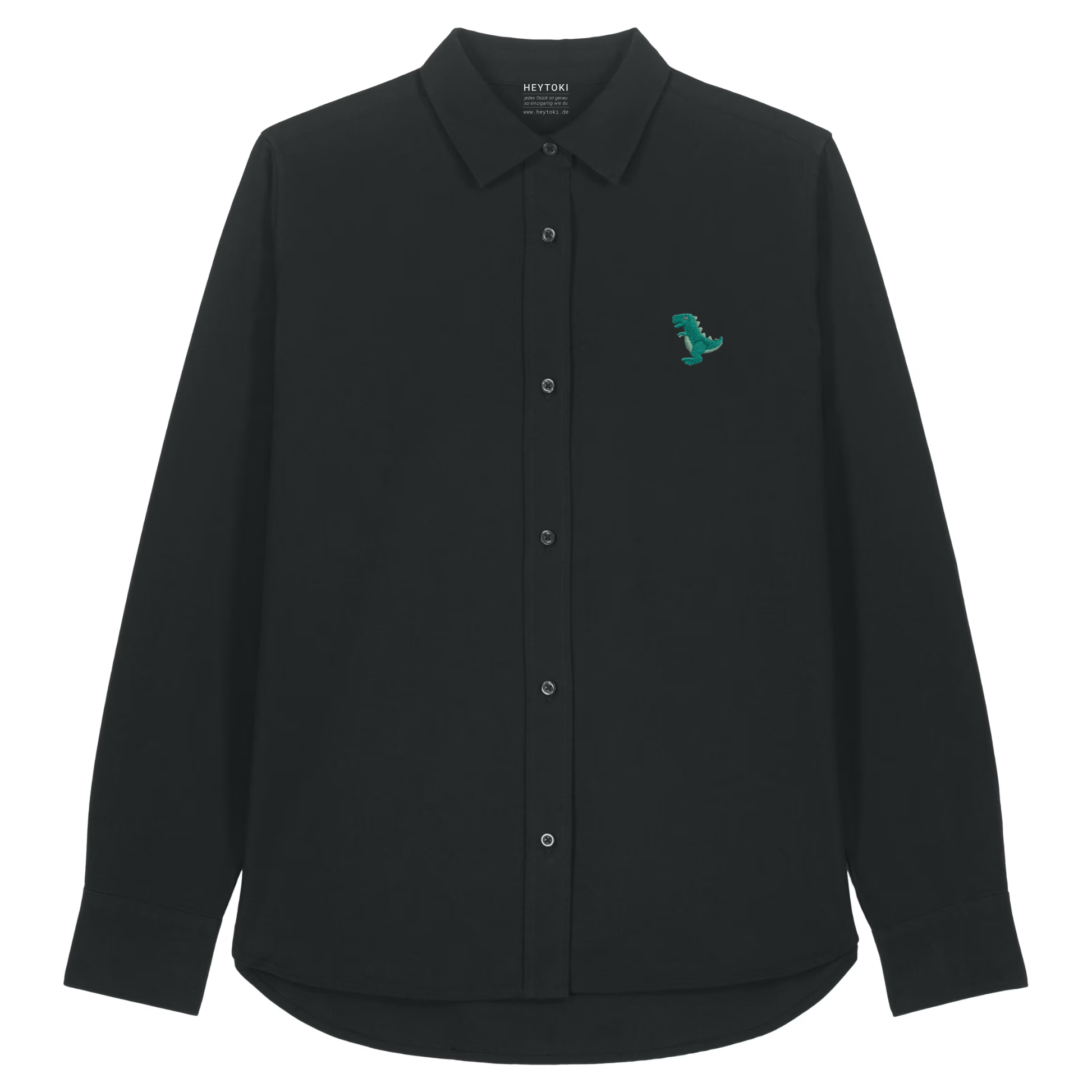 Heytoki Damen-Oxfordhemd in Schwarz mit gesticktem Dinomotiv