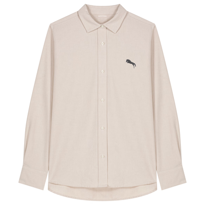 Heytoki Damen-Oxfordhemd in Beige Oxford mit gesticktem Pferdemotiv