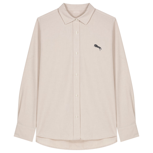 Heytoki Damen-Oxfordhemd in Beige Oxford mit gesticktem Pferdemotiv