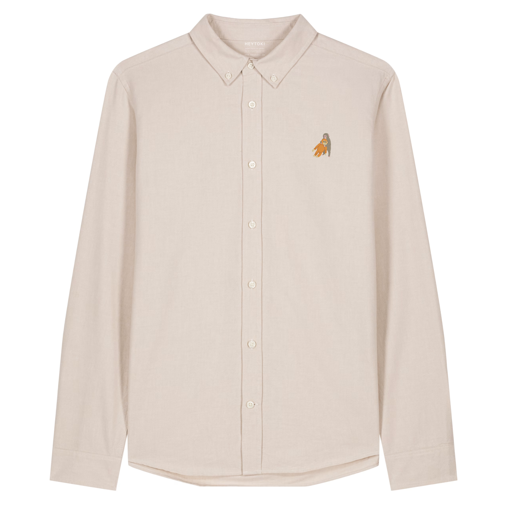 Heytoki Herren-Oxfordhemd in Beige Oxford mit gesticktem Affenmotiv