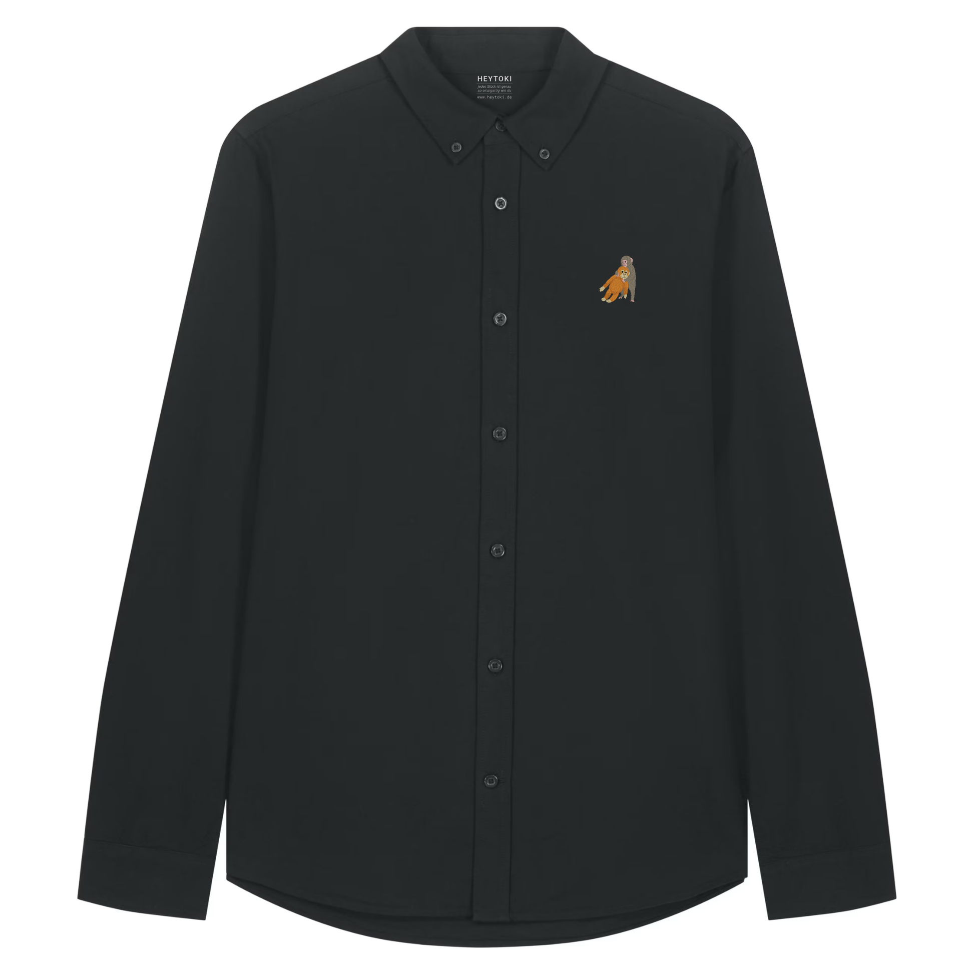 Heytoki Herren-Oxfordhemd in Schwarz mit gesticktem Affenmotiv
