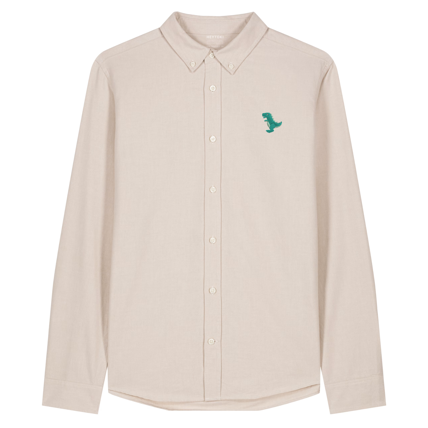 Heytoki Herren-Oxfordhemd in Beige Oxford mit gesticktem Dinomotiv
