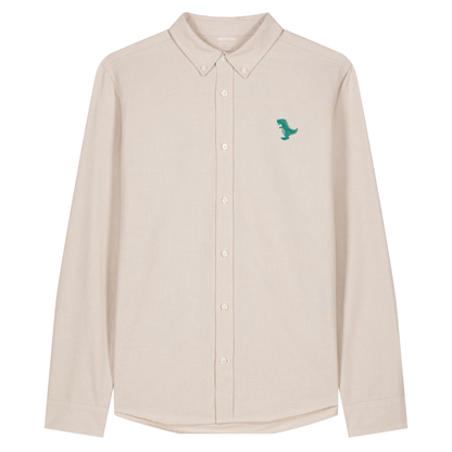 Heytoki Herren-Oxfordhemd in Beige Oxford mit gesticktem Dinomotiv