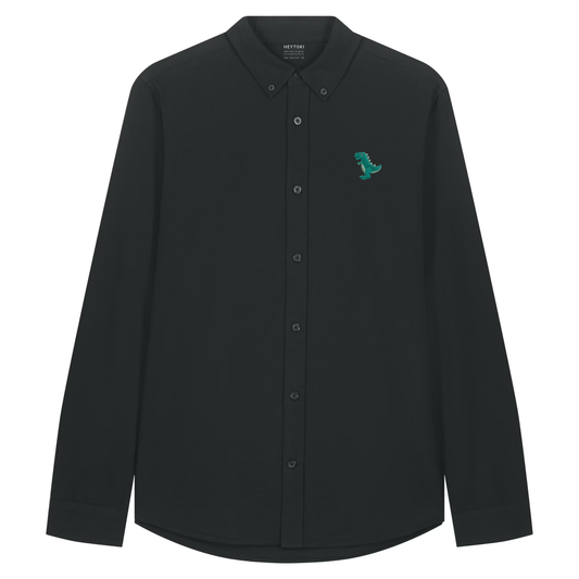 Heytoki Herren-Oxfordhemd in Schwarz mit gesticktem Dinomotiv