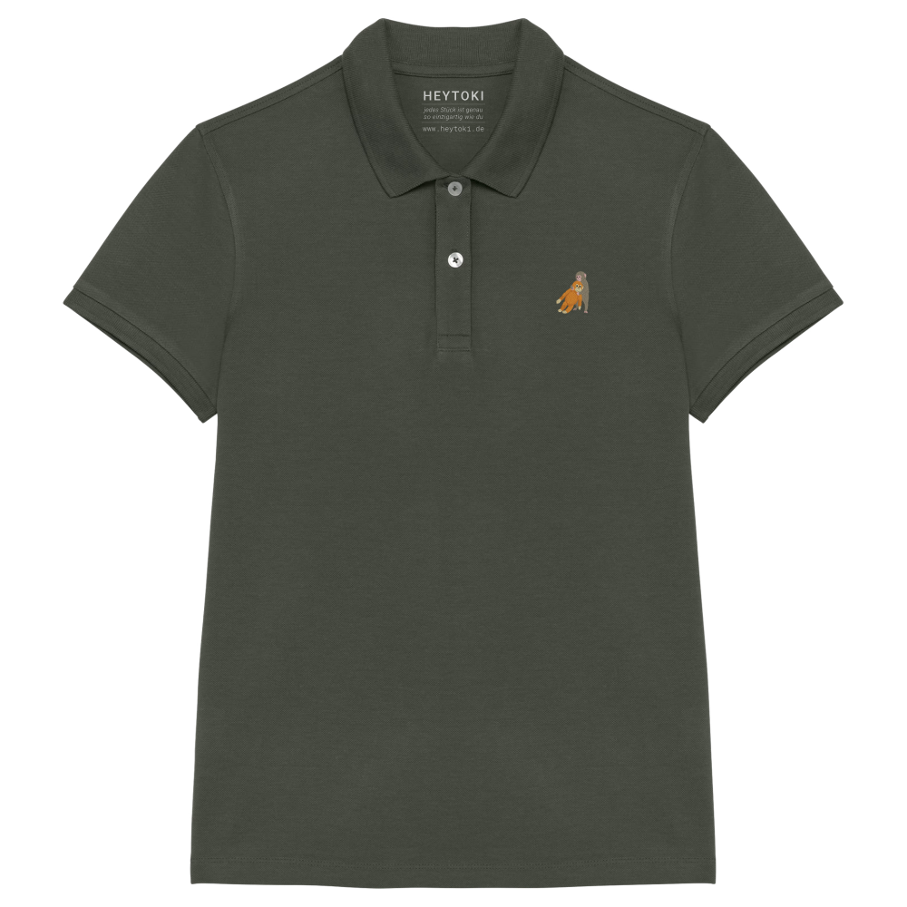 Heytoki Damen-Poloshirt aus Bio-Baumwolle in Organic Khaki mit gesticktem Affenmotiv