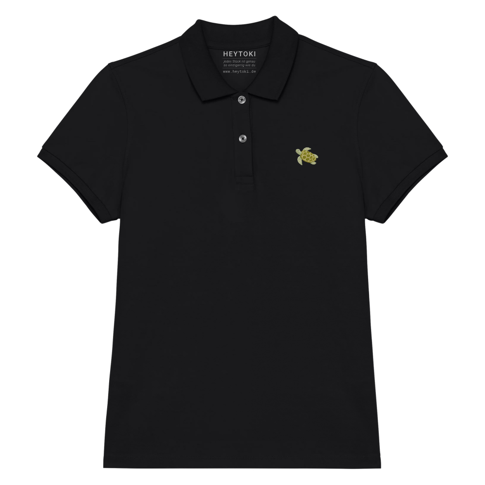 Heytoki Damen-Poloshirt aus Bio-Baumwolle in Schwarz mit gesticktem Schildkrötenmotiv