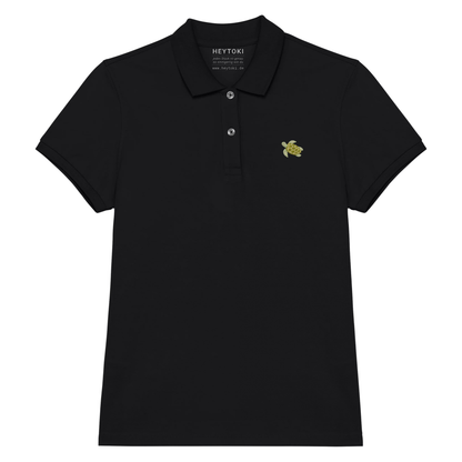 Heytoki Damen-Poloshirt aus Bio-Baumwolle in Schwarz mit gesticktem Schildkrötenmotiv