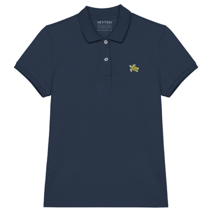 Heytoki Damen-Poloshirt aus Bio-Baumwolle in Navy Blue (Dunkelblau) mit gesticktem Schildkrötenmotiv