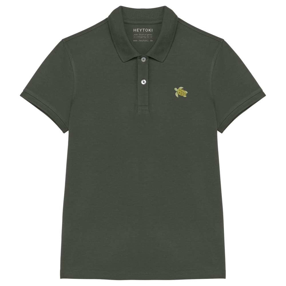 Heytoki Damen-Poloshirt aus Bio-Baumwolle in Organic Khaki mit gesticktem Schildkrötenmotiv