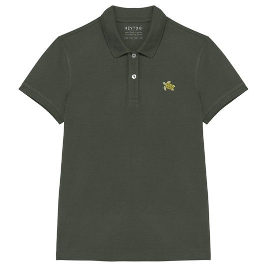 Heytoki Damen-Poloshirt aus Bio-Baumwolle in Organic Khaki mit gesticktem Schildkrötenmotiv