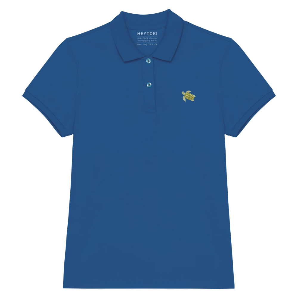 Heytoki Damen-Poloshirt aus Bio-Baumwolle in Sea Blue mit gesticktem Schildkrötenmotiv
