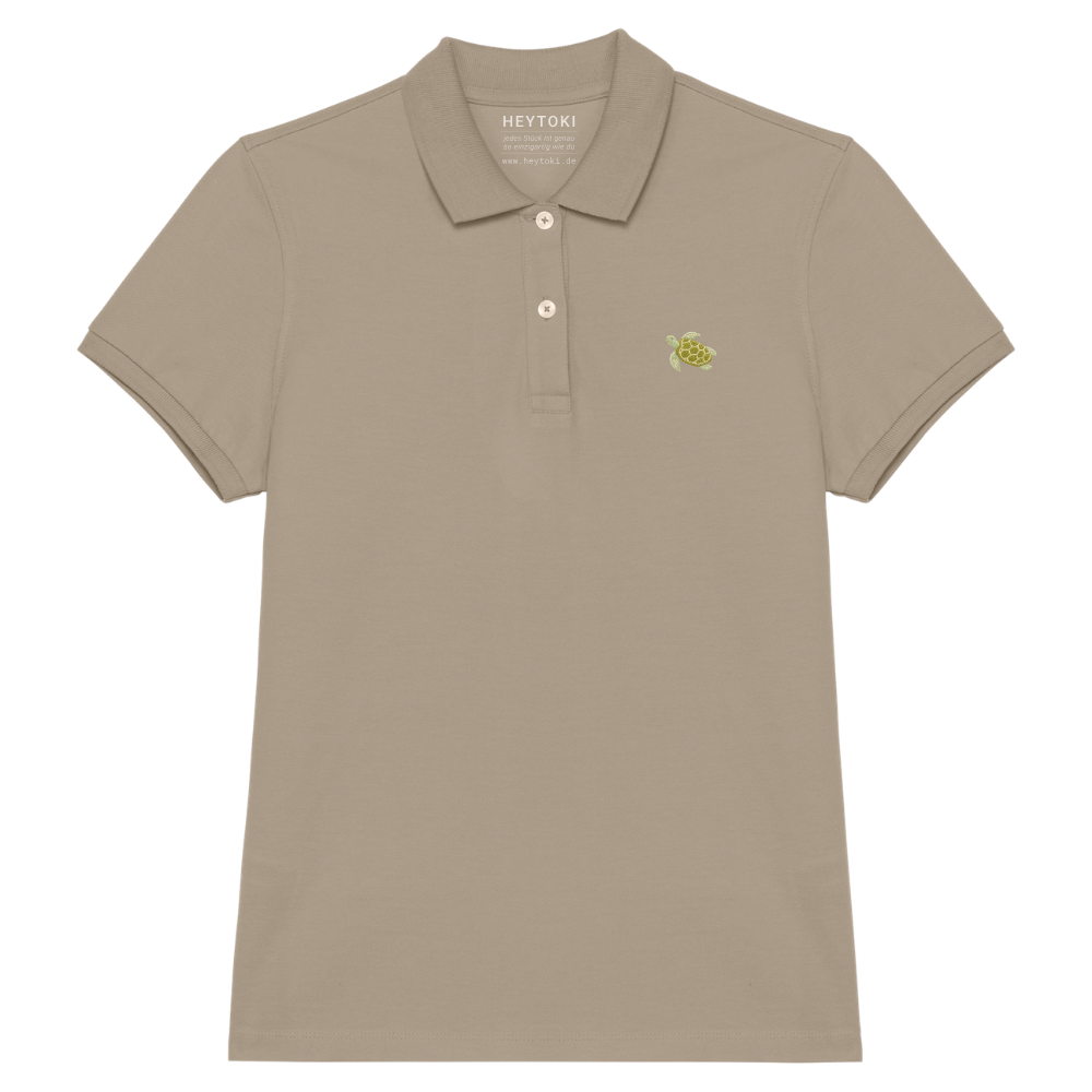 Heytoki Damen-Poloshirt aus Bio-Baumwolle in Wet Sand (Beige) mit gesticktem Schildkrötenmotiv