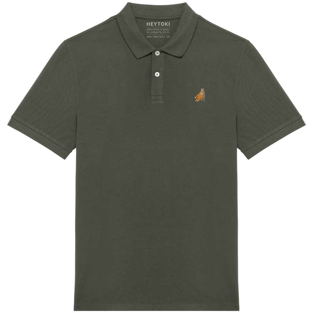 Heytoki Herren-Poloshirt aus Bio-Baumwolle in Olivgrün mit gesticktem Affen-Motiv
