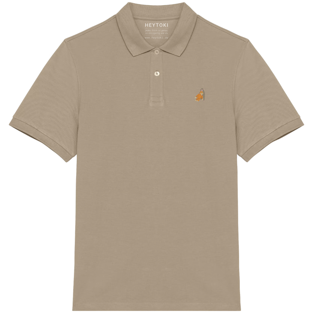 Heytoki Herren-Poloshirt aus Bio-Baumwolle in Sand mit gesticktem Affen-Motiv

