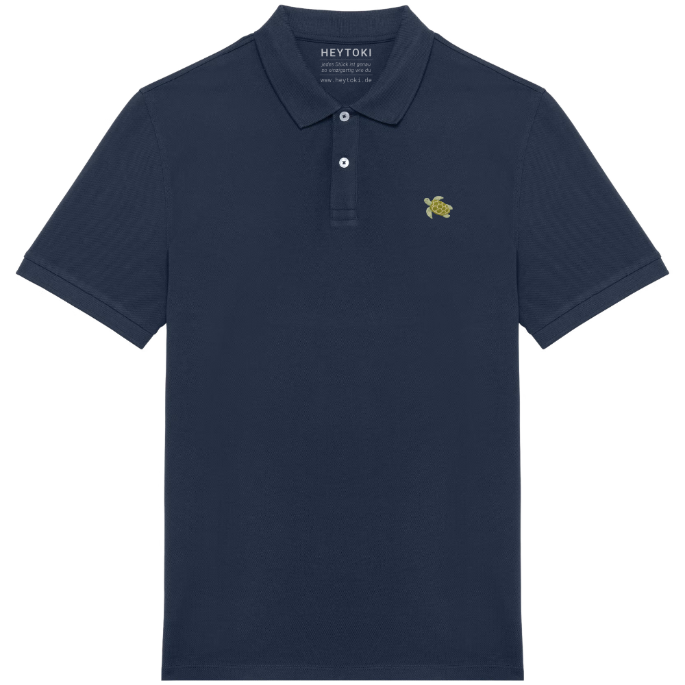Heytoki Herren-Poloshirt aus Bio-Baumwolle in Navy Blue (Dunkelblau) mit gesticktem Schildkröten-Motiv