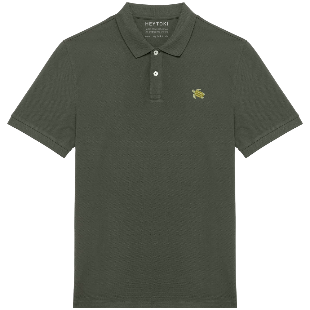 Heytoki Herren-Poloshirt aus Bio-Baumwolle in Olivgrün mit gesticktem Schildkröten-Motiv