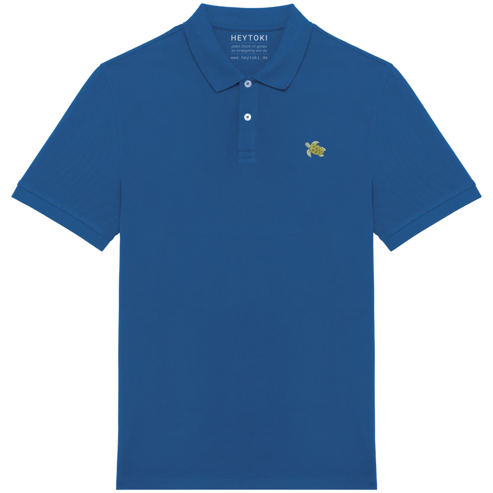 Heytoki Herren-Poloshirt aus Bio-Baumwolle in Sea Blue mit gesticktem Schildkröten-Motiv