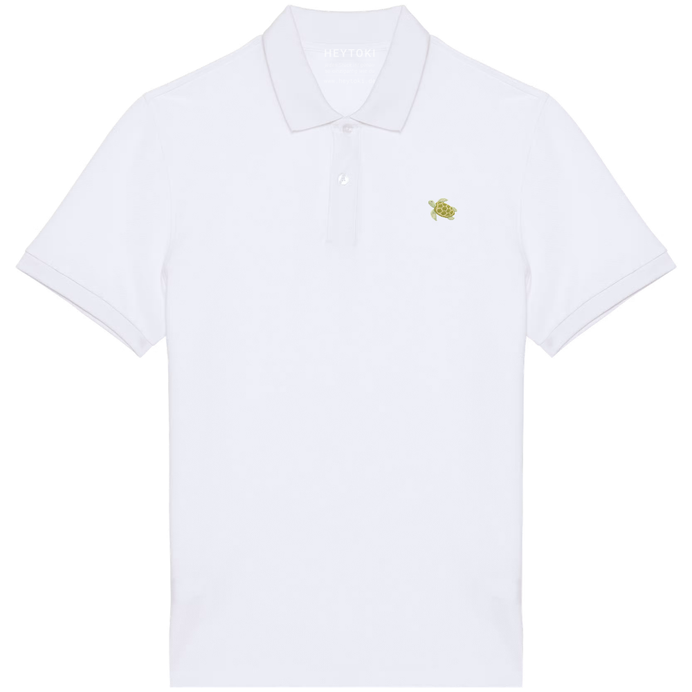 Heytoki Herren-Poloshirt aus Bio-Baumwolle in Weiß mit gesticktem Schildkröten-Motiv
