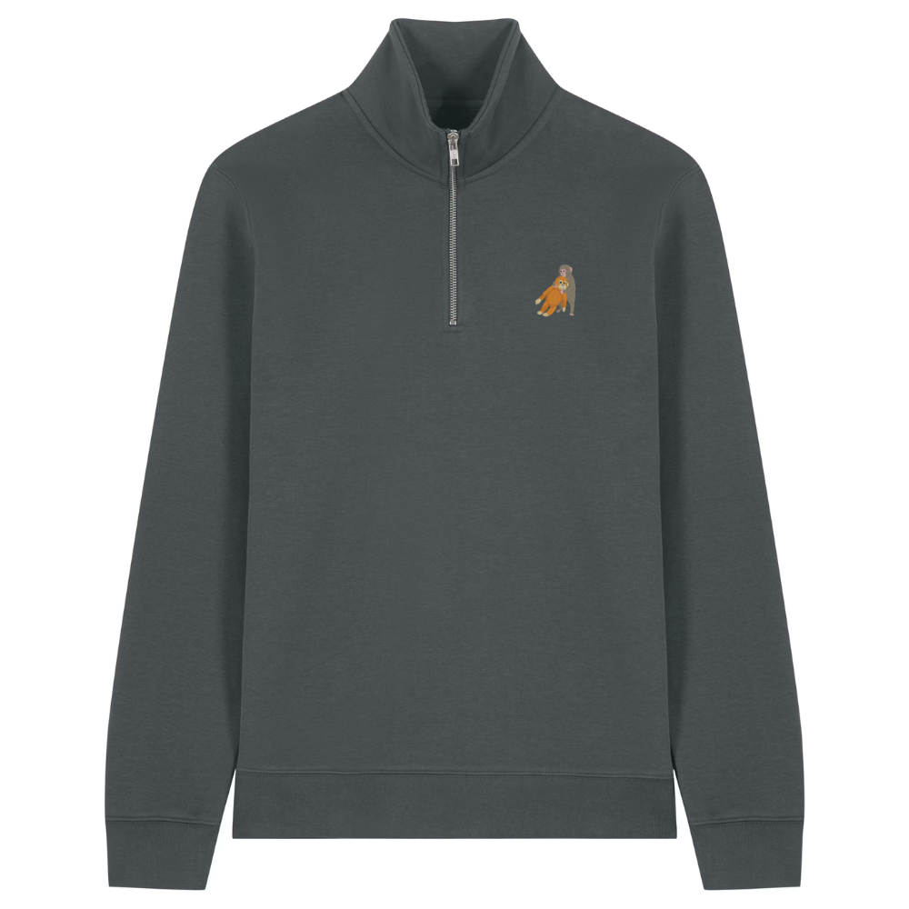 Heytoki Quarter-Zip-Hoodie in Anthrazit mit gesticktem Affenmotiv