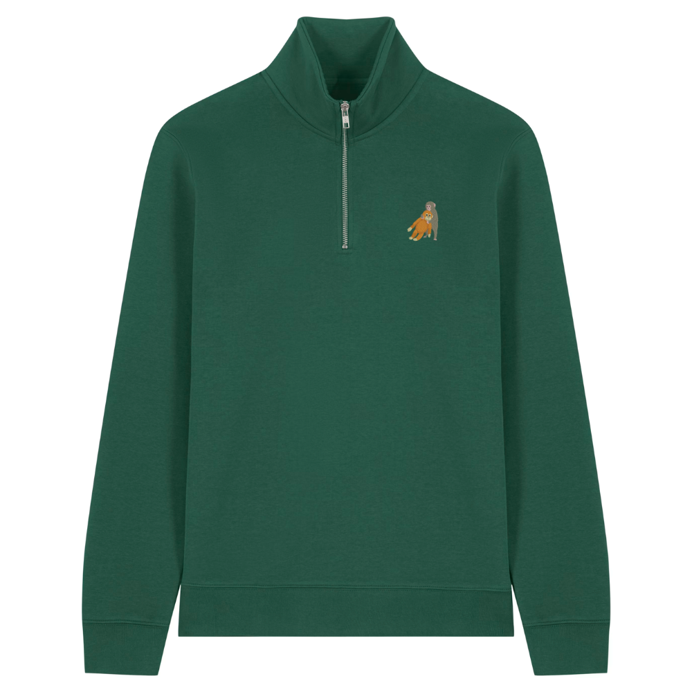 Heytoki Quarter-Zip-Hoodie in Bottle Green mit gesticktem Affenmotiv
